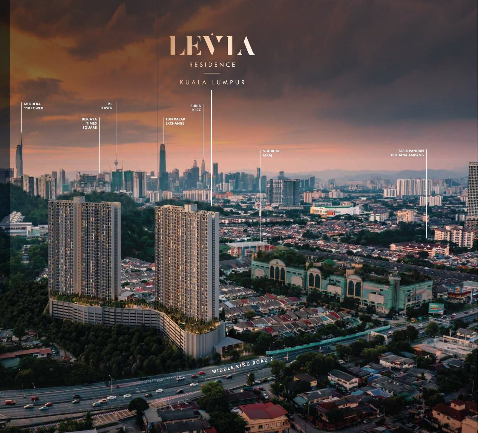 Levia Residence Cheras twin towers seen against the Kuala Lumpur skyline, fronting Middle Ring Road 2