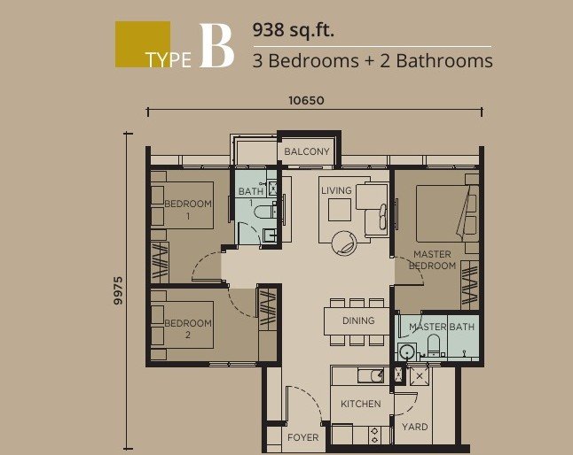 Levia Residence Type B floor plan — 938 sq ft, 3 bedrooms, 2 bathrooms