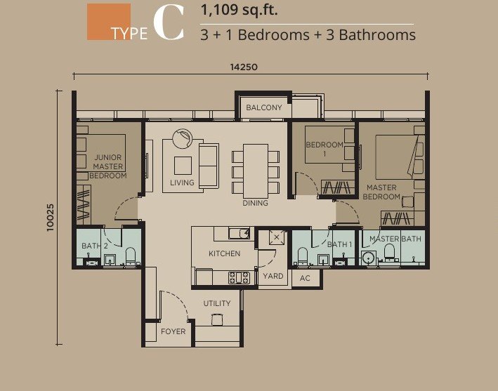 Levia Residence Type C floor plan — 1,109 sq ft, 3+1 bedrooms, 3 bathrooms