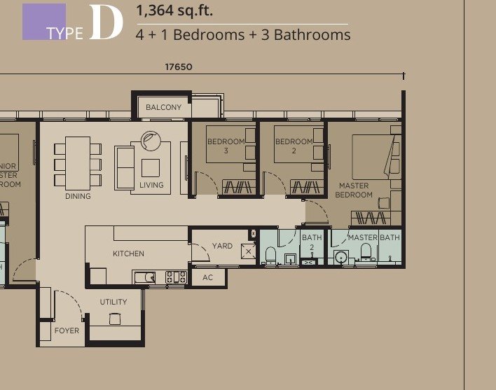 Levia Residence Type D floor plan — 1,364 sq ft, 4+1 bedrooms, 3 bathrooms
